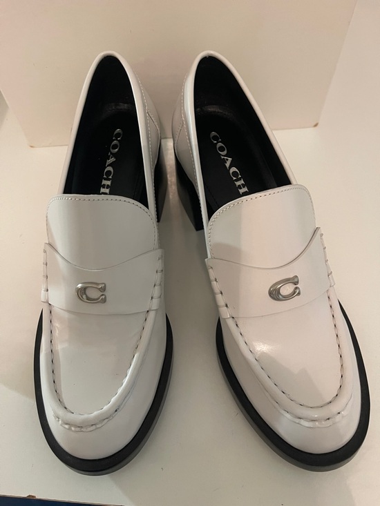 Coach Shoes - COACH White Natalie  Women’s Leather Penny Loafers with Silver Logo